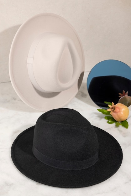 Free photo fedora hats in studio still life