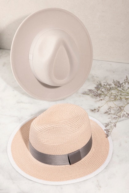 Free photo fedora hats in studio still life