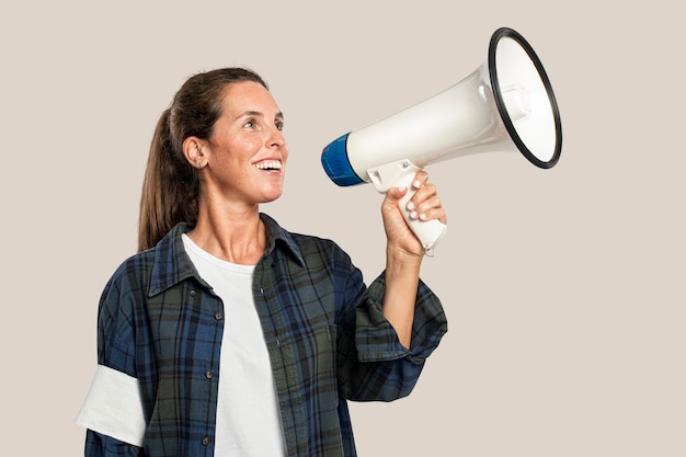 Free photo female activist with a megaphone with design space