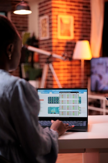 노트북 화면에서 수익 통계 데이터를 보고 있는 여성 아프리카계 미국인 젊은 기업가. 회계사는 홈 오피스의 컴퓨터에서 다이어그램을 분석하고 원격 부기 서비스를 제공합니다.