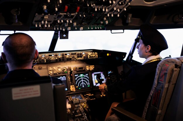 Женский авиалайнер в униформе летит на самолете с кнопками управления кабиной на приборной панели кабины. Нажатие переключателя двигателя и радара на панели управления для управления реактивным самолетом с навигацией.
