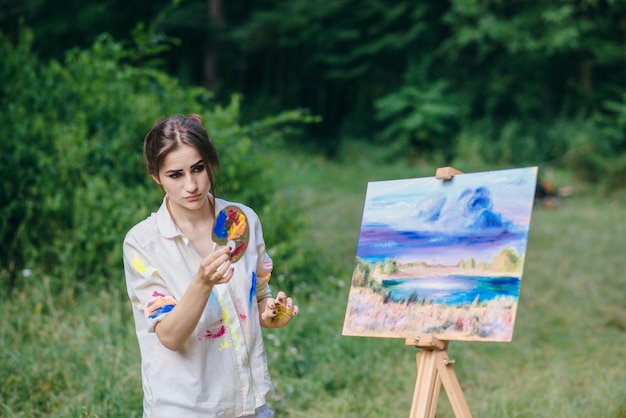 Artista femminile con una tavolozza di colori in una mano