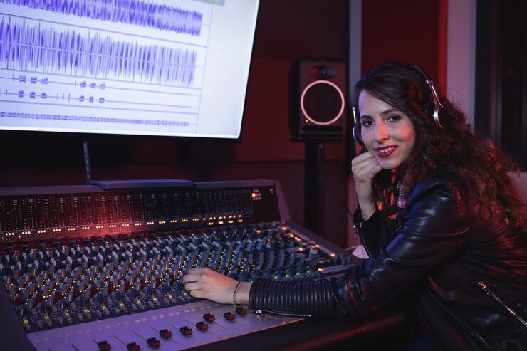 Free Photo female audio engineer using sound mixer