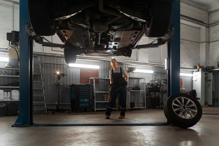 Free Photo female auto repairer working in the shop on a car