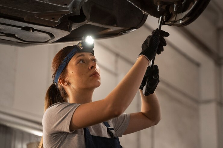 Free Photo female auto repairer working in the shop on a car