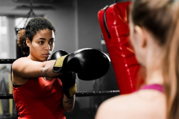 Female boxers training together