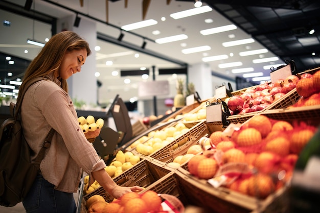 Самка покупает фрукты в супермаркете