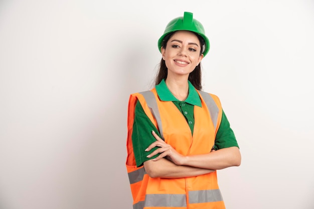 Female construction site engineer with helmet . High quality photo