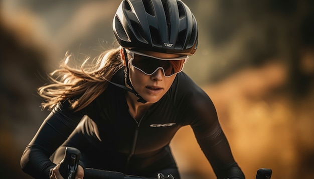 Female cyclist riding her bike with helmet on