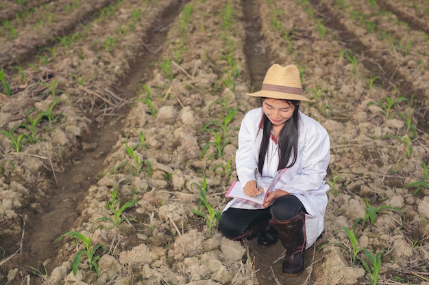 The female doctor examines soil with a modern concept book.