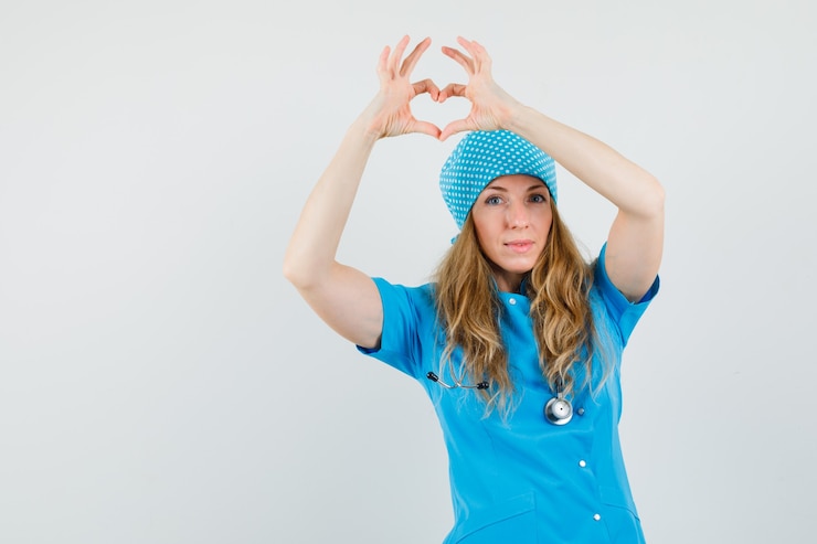 Free Photo female doctor showing heart gesture in blue uniform and looking cheery. 