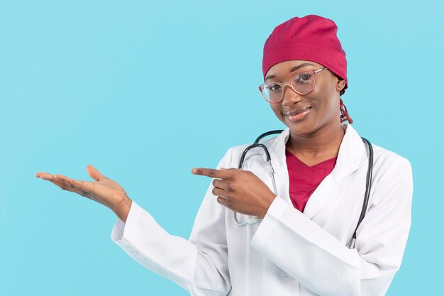 Female doctor showing her right hand