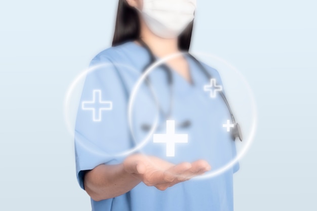 Female doctor showing a support hand gesture