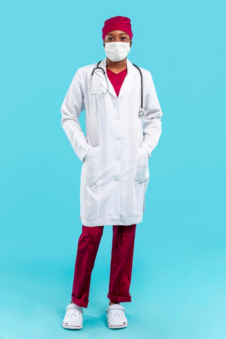 Free Photo female doctor standing next to blue wall