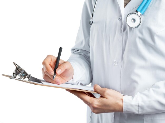 Female doctor in uniform holding clipboard