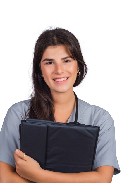 Female doctor with stethoscope and folders.