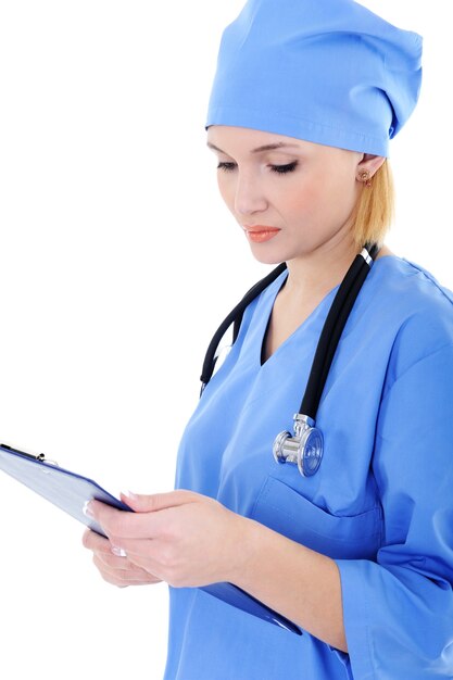 Free photo female doctor working with stethoscope and folder