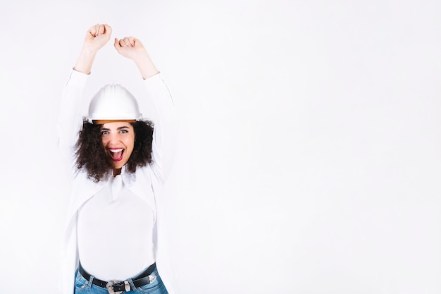 Female engineer rejoicing over victory