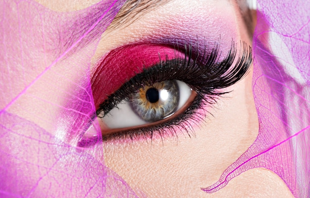 Female eye with beautiful fashion bright pink makeup
