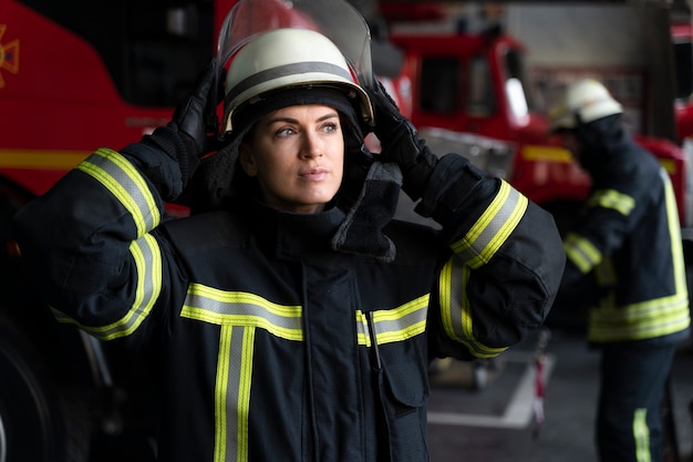 Женский пожарный надевает защитный шлем