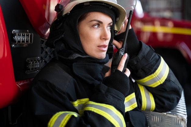 Female firefighter at station equipped with suit and safety helmet