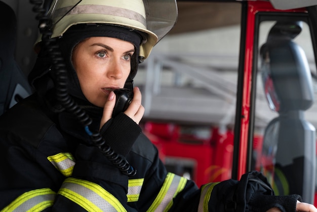Female firefighter at station equipped with suit and safety helmet
