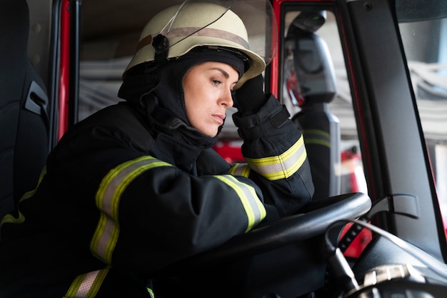 Female firefighter at station in the fire truck