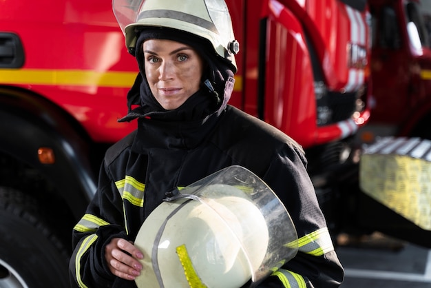 Женский пожарный на станции с костюмом и защитным шлемом
