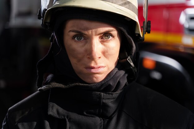 Female firefighter at the station with suit and safety helmet