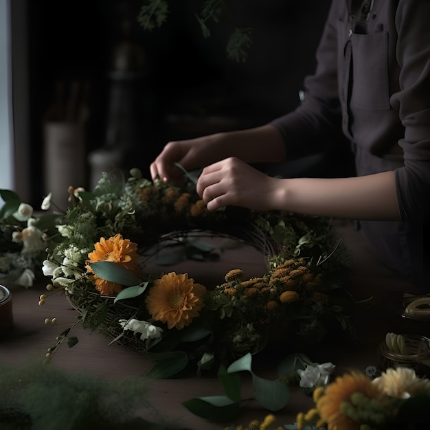 Free photo female florist making beautiful bouquet in workshop closeup