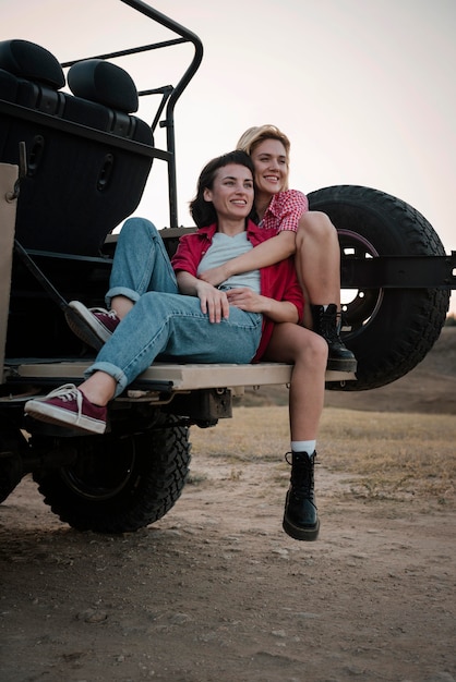 Female friends traveling together by car