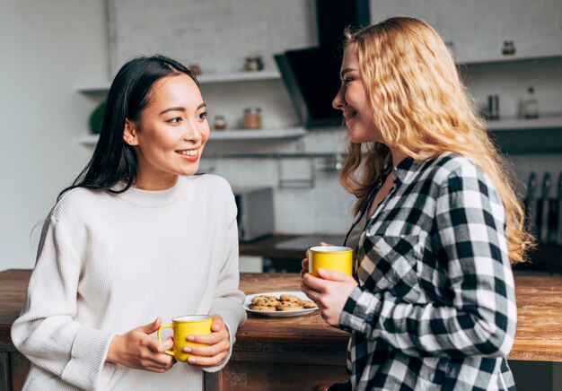 Amici femminili con le tazze di tè che chiacchierano