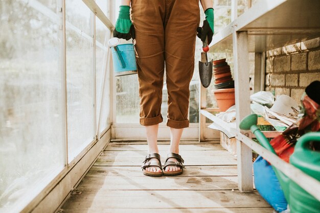 温室に花を植える準備をしている女性の庭師