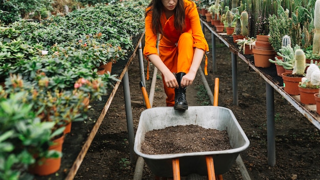 Female gardener tying wellington boot in greenhouse