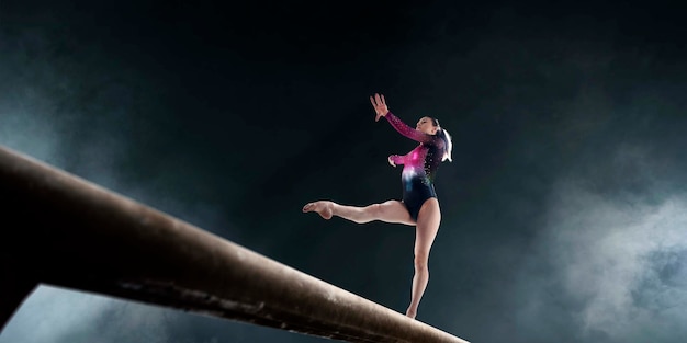 Foto gratuita ginnasta femminile che fa un trucco complicato sulla trave di equilibrio di ginnastica in un'arena professionale