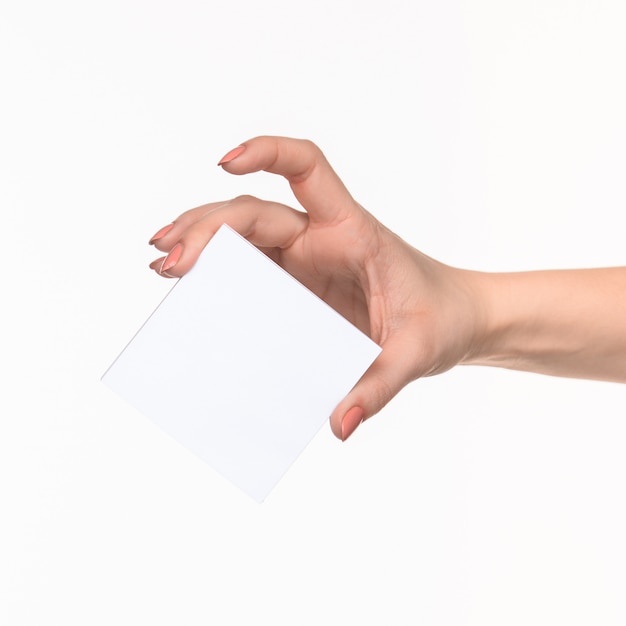 Женская рука держа чистый лист бумаги для показателей на белизне.