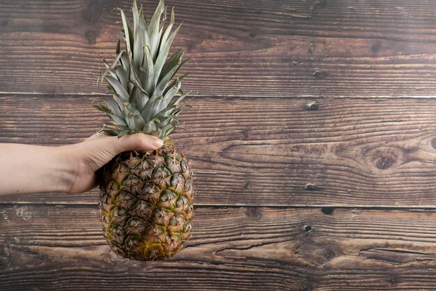 Female hand holding single fresh pineapple on wooden background