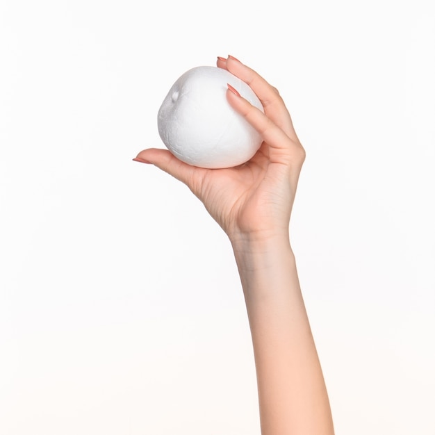 female hand holding white blank styrofoam oval against the white background with right shadow