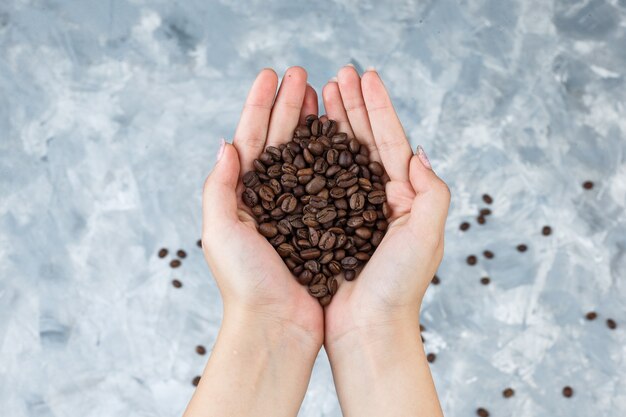 평평한 커피 콩을 들고 여성의 손은 지저분한 회색 배경에 누워
