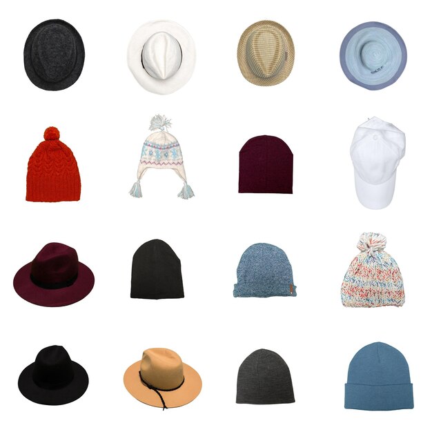 Female hats collage isolated on white
