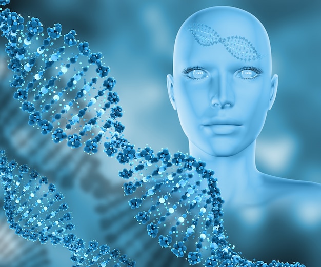 Il rendering 3d di un background medico con testa femminile e filamenti di dna