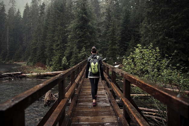 Free photo female hiker walking on wooden bridge