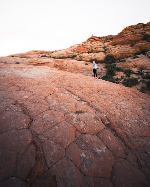 岩が多い砂漠の丘の上のバックパックを持つ女性ハイカー