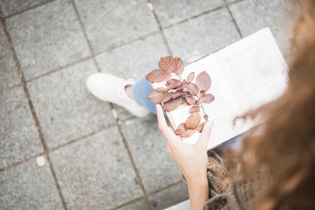 Female in jeans holding book with autumn leaf