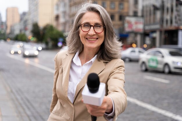 female journalist telling the news outdoors