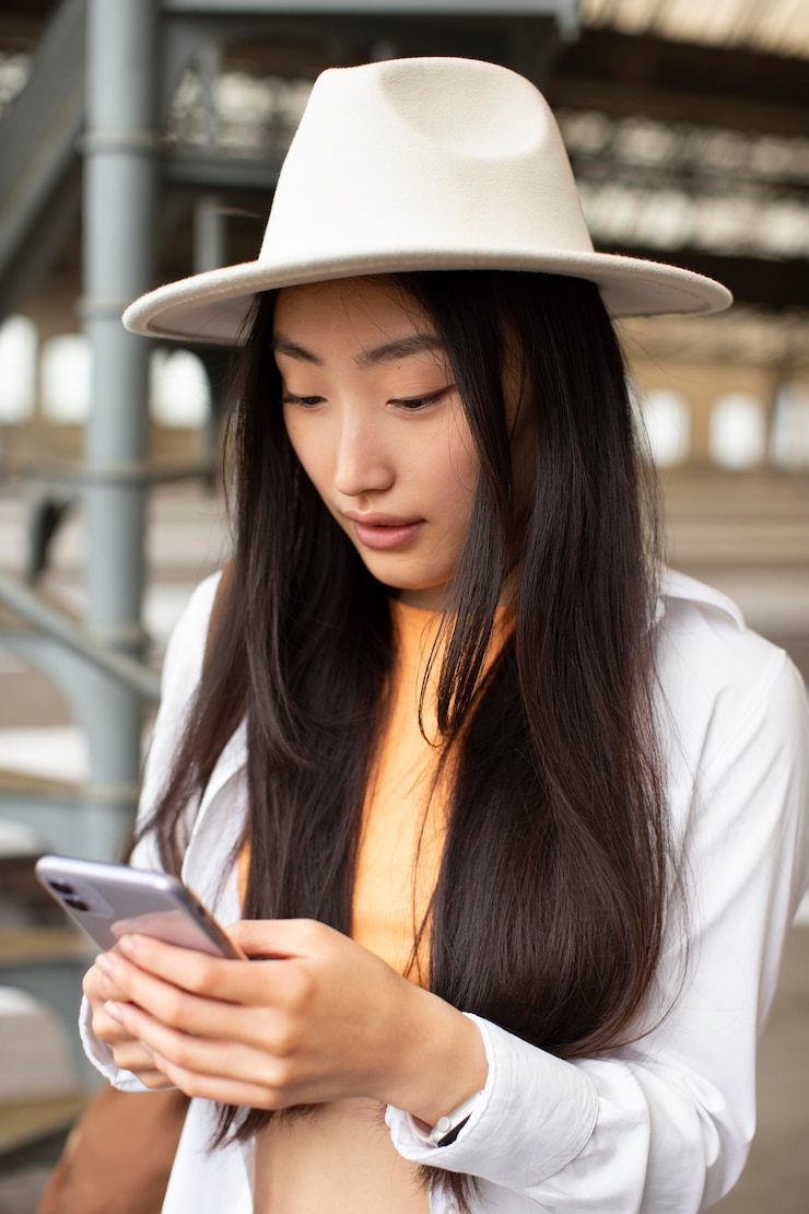 無料Photo 彼女の電話をチェックしている女性の地元の旅行者