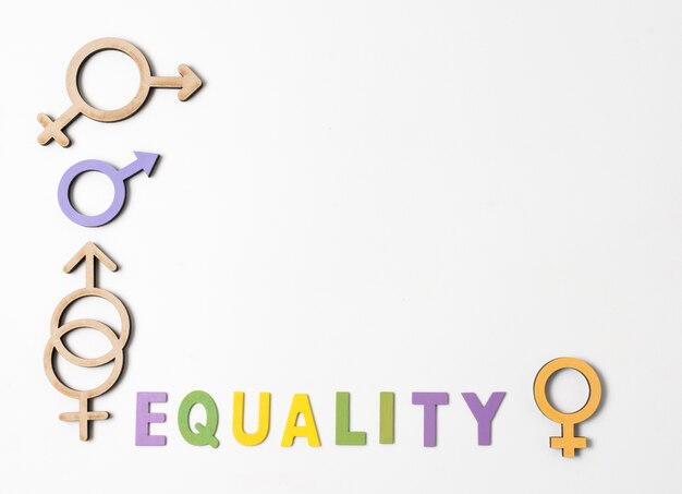 Female and male gender symbols with equality lettering and copy space