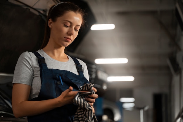 Female mechanic working in the shop on a car