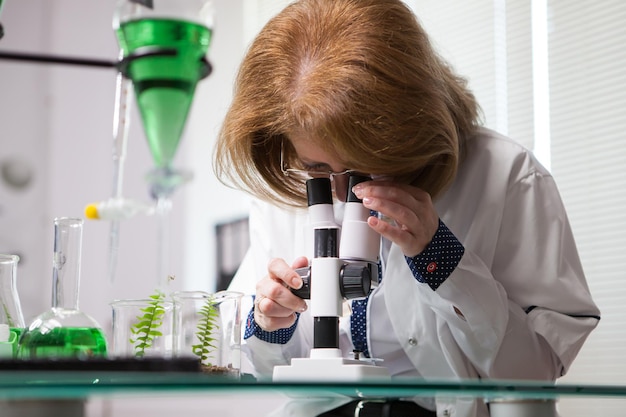 Femmina nell'industria microbiologica che regola il suo microscopio. donna che lavora in una fabbrica di piante.