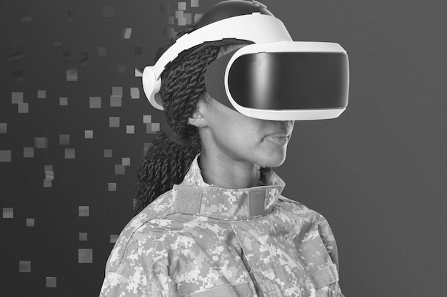 Foto gratuita militare femminile in cuffia vr in stile dispersione pixel